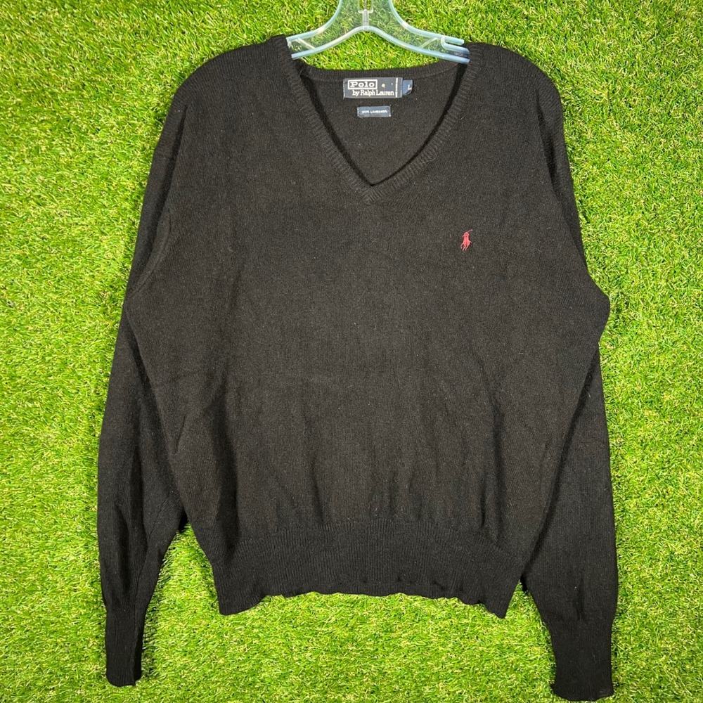 Polo Ralph Lauren Mens‎ V-Neck Sweater Black 100% Lambswool Vintage Large